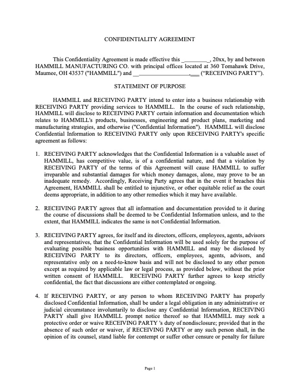 Confidentiality Agreement business